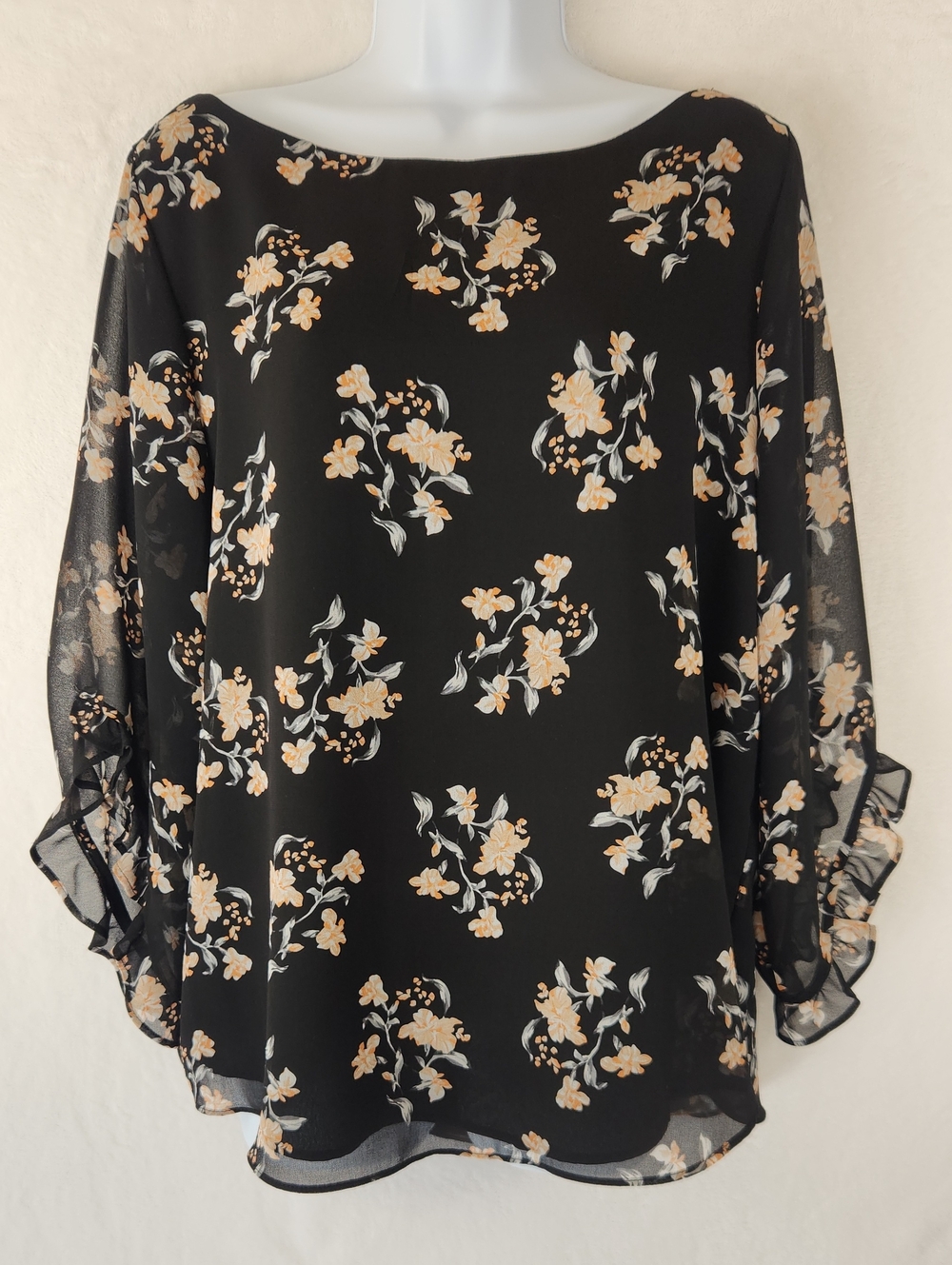 Calvin Klein Black Floral Blouse with Cream and Gray‎ Flowers